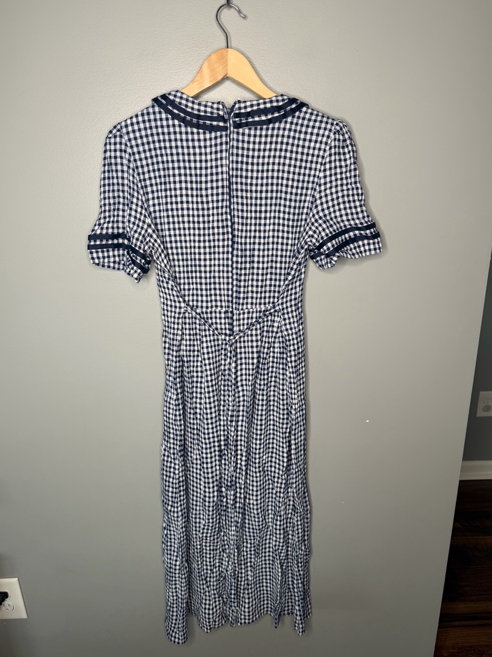 J.S. Edward Vintage 90s Navy Gingham Prairie Rosette Collar Midi Dress - Picture 3 of 12